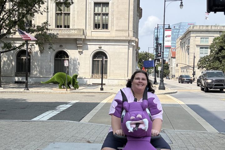 Person in purple with stroller on sidewalk near building and trees.
