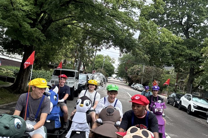 People in colorful costumes riding go-karts down a street.