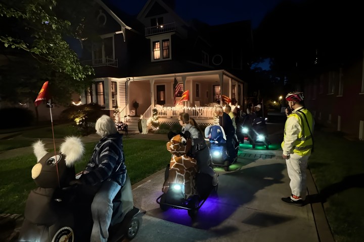 Adults in animal-themed costumes on scooters at night in front of a decorated house.