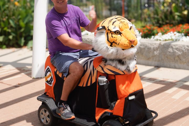 Man in purple shirt on a scooter covered with tiger-themed fabric, outdoors.