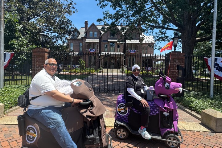 Two people in motorized scooters with animal designs in front of a historic building.