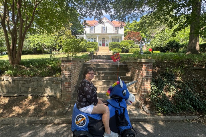 Person in unicorn-themed cart on street in front of a large house and trees.